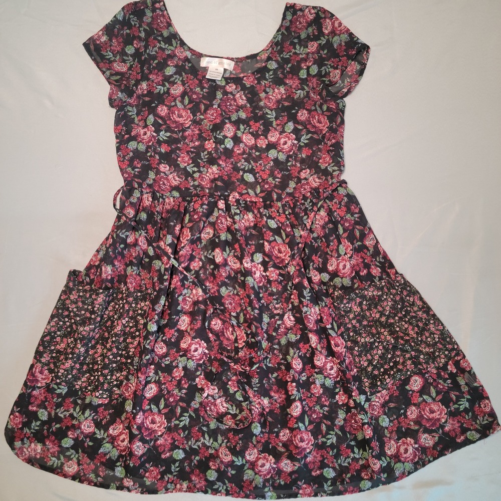 Band of Gypsies Floral Dress Womens XS Black Red Rose Chiffon Boho Mini Pocket
